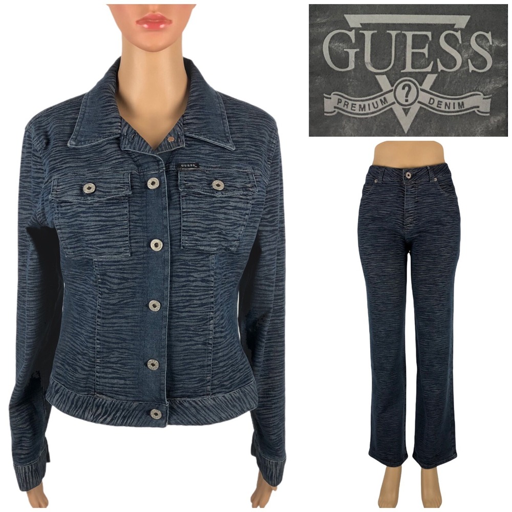 Guess Vintage Womens Medium Jacket Jeans 28 Blue Animal Print Cotton Straight